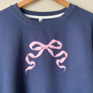 Cozy Navy Crewneck with Pink Bow